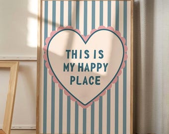 Poster artistico su tela "This Is My Happy Place", decorazione murale alla moda, decorazione estetica con cuore blu, arredamento retrò per la casa, regalo stampato