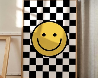 Smiley Square Art Canvas Poster, Trendy Wall Art, Apartment Aesthetic Decor, Retro Home Decor, Printed Gift