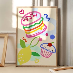 ハンバーガーとレモンの漫画キッチンアートポスター、トレンディなウォールアート、キッチンの美的装飾、レトロなホームデコレーション、プリントギフト