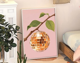 Retro Orange Disco Ball Art Canvas Poster, Trendy Wall Art, Kitchen Aesthetic Decor, Retro Home Decor, Printed Gift