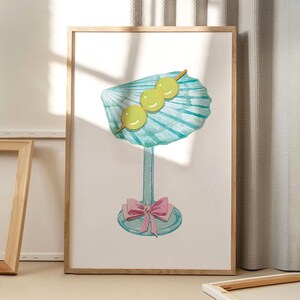 Bowknot Seashell Martini Art Poster, Kitchen Wall Art, Bar Cart Aesthetic Decor, Retro Home Decor, Printed Gift