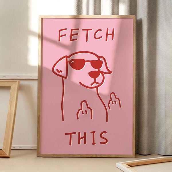 Póster de lienzo rosa "Busca a este perro", arte de pared moderno, decoración estética divertida, decoración retro para el hogar, regalo impreso