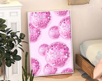 Plakat na płótnie z różową kulą dyskotekową, modna sztuka ścienna, estetyczny wystrój mieszkania, wystrój domu w stylu retro, prezent z nadrukiem