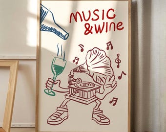 Póster de lienzo con impresión de música y vino, arte de pared moderno, decoración estética de cocina, decoración retro del hogar, regalo impreso