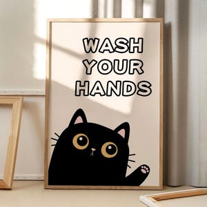 Lavez-vous les mains Poster d'art chat mignon, art mural dessin animé, décoration esthétique de salle de bain, décoration d'intérieur rétro, cadeau imprimé