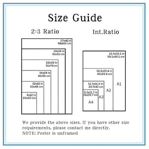 May include: A size guide chart with two sections, 2:3 Ratio and Int.Ratio, showing various print sizes in inches and centimeters. The chart includes sizes like 27x40 in (68x101 cm) and A1, A2, A3, and A4 sizes. Text at the bottom states the poster is unframed.