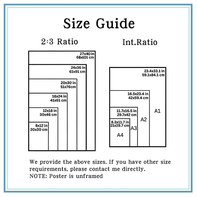 May include: A size guide chart with two sections, 2:3 Ratio and Int.Ratio, showing various print sizes in inches and centimeters. The chart includes sizes like 27x40 in (68x101 cm) and A1, A2, A3, and A4 sizes. Text at the bottom states the poster is unframed.