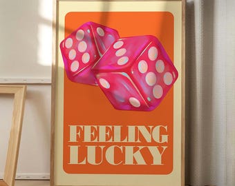 Feeling Lucky Pink Dice Art Poster, Trendy Wall Art, Apartment Aesthetic Decor, Retro Home Decor, Art Print, Printed Gift