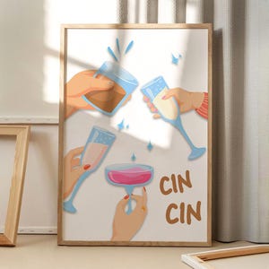 Cin Cin ワインアートポスター、キッチンウォールアート、バーカートの美的装飾、レトロなホームデコレーション、プリントギフト