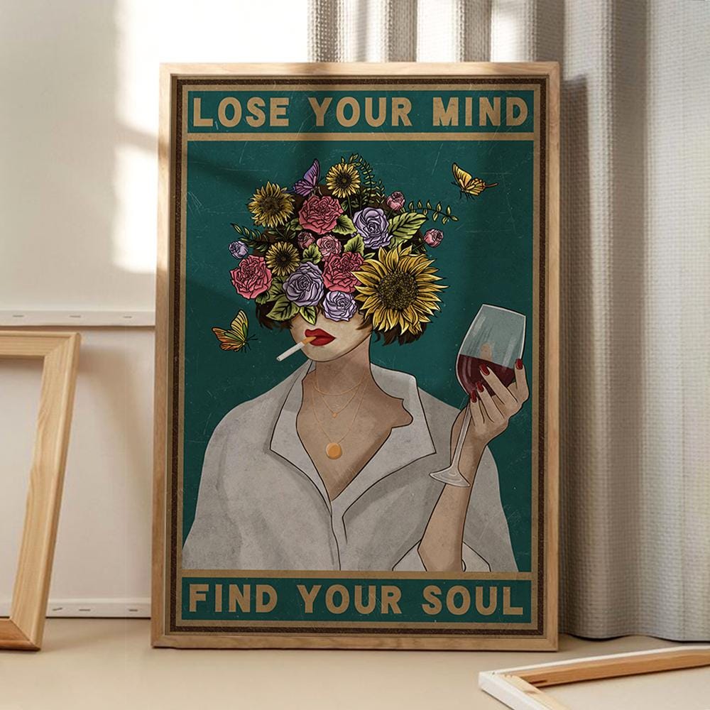 Poster Motivazionale Con Testa Di Fungo E Scritta 'Lose Your Mind Find Your Soul' | 50x75cm