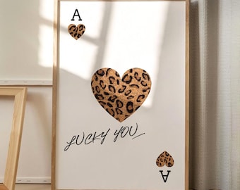 Lucky You Leopard Playing Card Art Canvas Poster, Leopard Wall Art, Apartment Aesthetic Decor, Retro Home Decor, Printed Gift