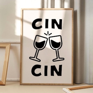 Cin Cin ワインアートポスター、キッチンウォールアート、バーカートの美的装飾、レトロなホームデコレーション、プリントギフト