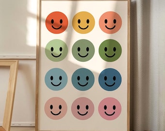 Cartoon kleurrijke smiley print art canvas poster, trendy muurkunst, appartement esthetisch decor, retro woondecoratie, gedrukt cadeau