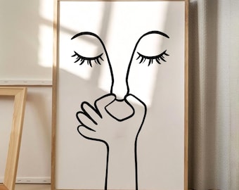 May include: Black and white line art print of a face with closed eyes and a hand covering the mouth.