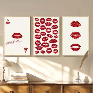 Poster artistico con bacio rosso, poster da parete con carte da poker Kiss, arredamento estetico alla moda, arredamento retrò per la casa, regalo stampato