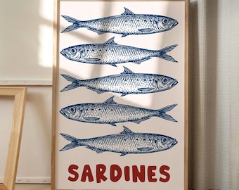 Sardines Art Canvas Poster, Kitchen Wall Art, Retro Aesthetic Decor, Retro Home Decor, Printed Gift