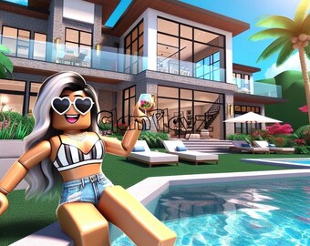 Roblox Digital Art | luxury Pool And Mansion scene | PNG Digital Download