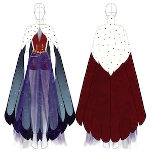 May include: A fashion illustration of a fantasy costume. The design features a red bodice with gold accents, a long purple skirt, and a cape with a white collar dotted with black spots. The cape transitions from blue to black.