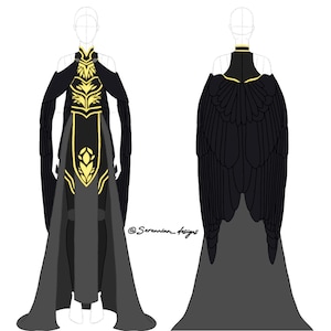Peut inclure: Illustration d'une robe noire et grise avec des accents dorés. La vue de face montre un col haut et des détails dorés complexes sur le corsage. La vue arrière révèle un design de cape à plumes. La robe a de longues manches fluides et une jupe longue.