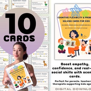 May include: A woman holding a card set titled "Cognitive Flexibility & Problem Solving Cards for Kids." The set includes 10 cards designed to build empathy and social skills. The image also features text that says "Digital Download."