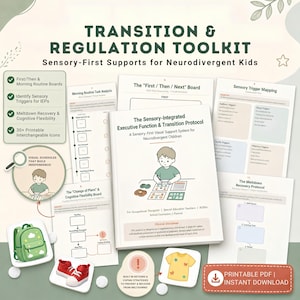 Könnte beinhalten: Ein Transition & Regulation Toolkit für neurodivergente Kinder, bestehend aus einem zentralen Handbuch mit dem Titel The Sensory-Integrated Executive Function & Transition Protocol, umgeben von druckbaren Arbeitsblättern, Routineplänen und Symbolen.