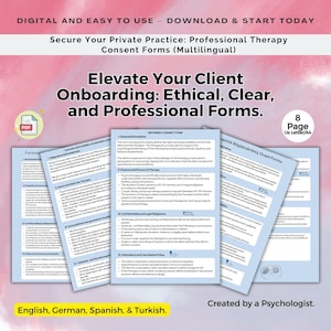 Therapist Intake Form Bundle, Private Practice Informed Consent Agreement English Spanish German Turkish, Psychology Templates