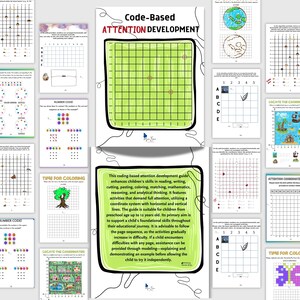 May include: A collection of educational activity sheets titled Code-Based Attention Development, featuring various grid-based puzzles, coordinate mapping exercises, number coding tasks, and colouring pages designed for children to practice logic and focus.