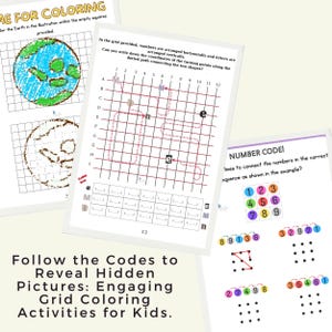 May include: Educational activity sheets for children featuring grid-based puzzles, coordinate mapping exercises with letters and numbers, and a number code sequence task. The pages include a colouring section of the Earth and dot-to-dot drawing challenges.