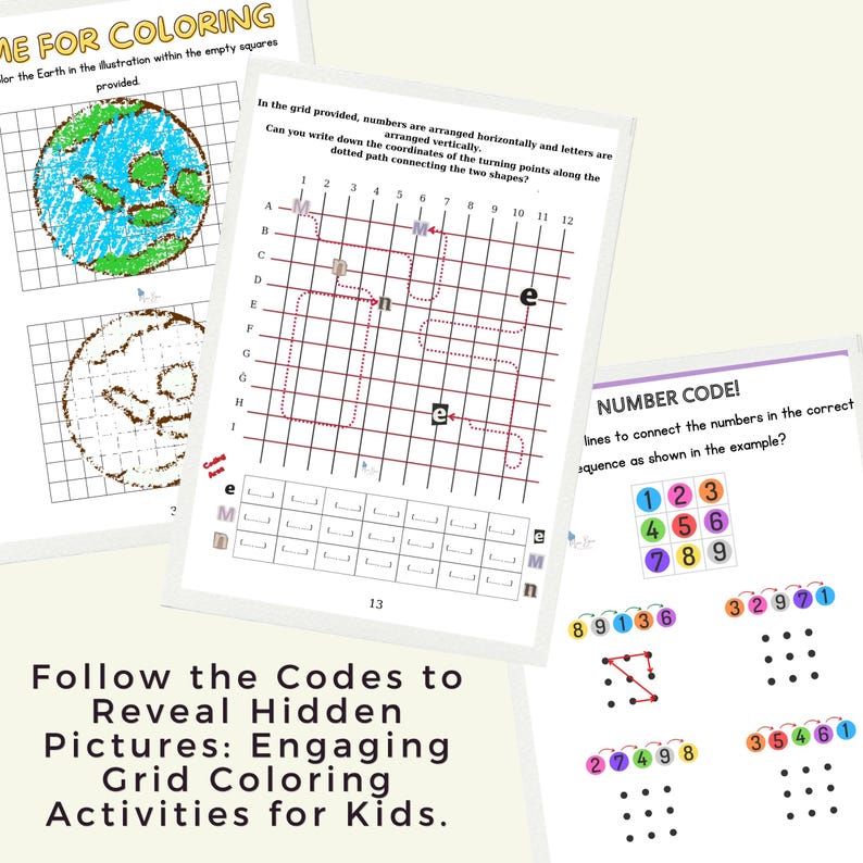 May include: Educational activity sheets for children featuring grid-based puzzles, coordinate mapping exercises with letters and numbers, and a number code sequence task. The pages include a colouring section of the Earth and dot-to-dot drawing challenges.