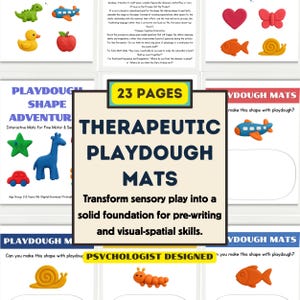 May include: A collection of 23 pages of therapeutic playdough mats featuring colorful clay shapes like dinosaurs, airplanes, ducks, apples, hearts, butterflies, fish, snails, stars, giraffes, cars, and caterpillars, with text prompts for sensory play.