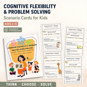 Op de afbeelding: Een set kaarten voor cognitieve flexibiliteit en probleemoplossing voor kinderen, met een hoofdomslag met een illustratie van een persoon die voorleest aan kinderen en vier individuele scenario-kaarten over delen, fouten, eerlijkheid en eerlijkheid.
