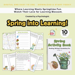 May include: An educational spring activity book for children, with a green cover showing a watering can, hedgehog, and flowers. The image includes worksheets and the text "Spring into Learning!" and "Reading, Writing & Vocabulary Fun".