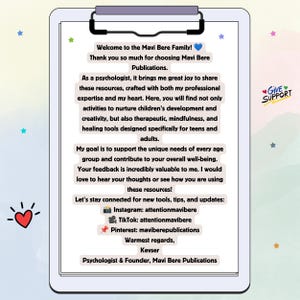 May include: A white clipboard with a black clip at the top, displaying a printed message from Mavi Bere Publications. The text welcomes the reader, describes therapeutic resources for all ages, and lists social media handles for Instagram, TikTok, and Pinterest.
