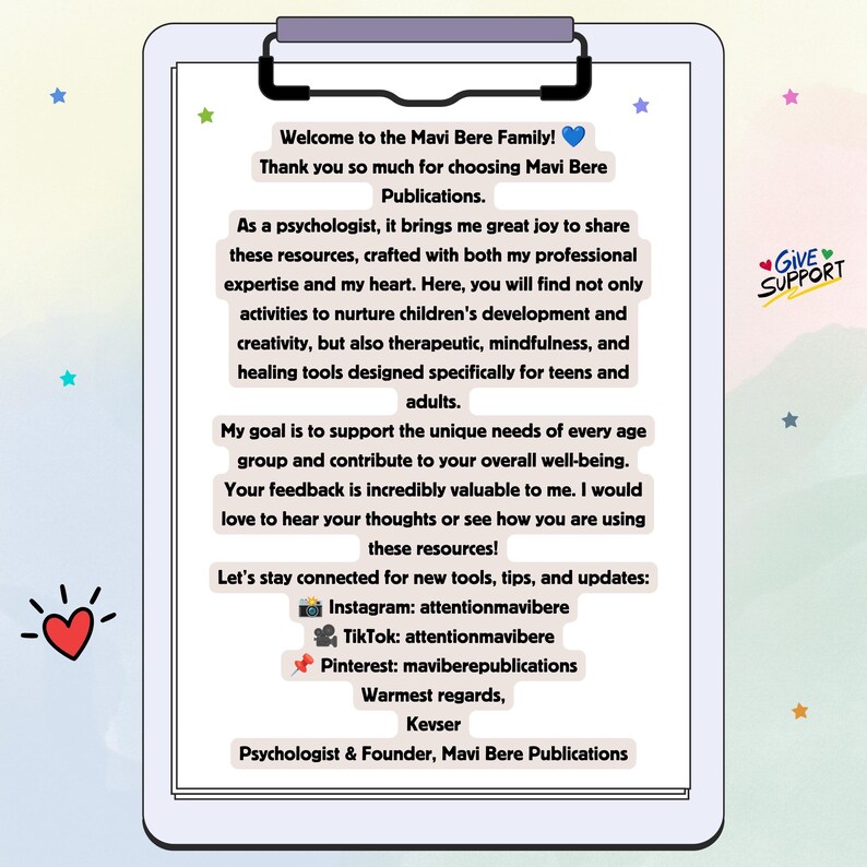 May include: A white clipboard with a black clip at the top, displaying a printed message from Mavi Bere Publications. The text welcomes the reader, describes therapeutic resources for all ages, and lists social media handles for Instagram, TikTok, and Pinterest.