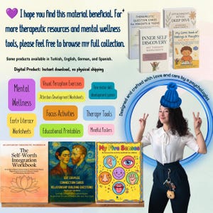 May include: A collection of therapeutic workbooks and activity cards featuring titles like The Self-Worth Integration Workbook, Inner Self Discovery, and My Five Senses. The display includes various educational categories and mental wellness resources.