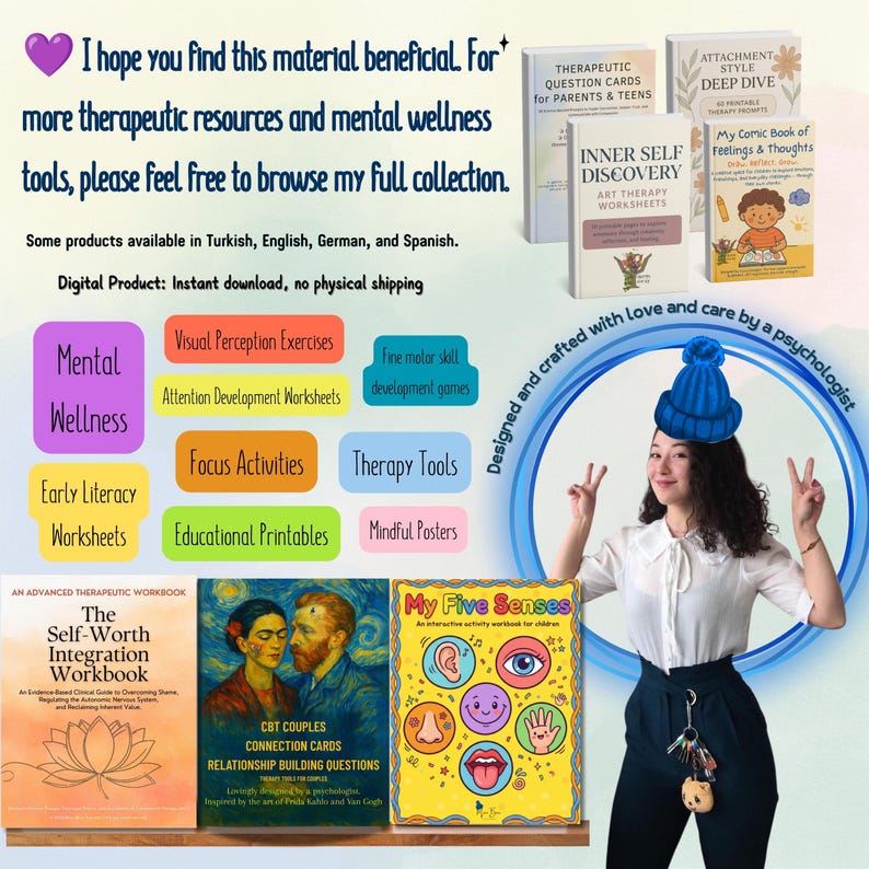 May include: A collection of therapeutic workbooks and activity cards featuring titles like The Self-Worth Integration Workbook, Inner Self Discovery, and My Five Senses. The display includes various educational categories and mental wellness resources.