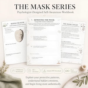 May include: The Mask Series psychologist-designed self-awareness workbook featuring three white pages with black text and line drawings of masks. The pages include prompts like Behind the Mask, Removing the Mask, and The Mask I Wear for reflection.