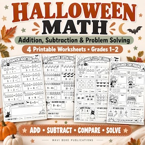 May include: Four printable Halloween math worksheets for grades 1-2 featuring addition, subtraction, and problem-solving exercises. The pages include black and white illustrations of pumpkins, ghosts, bats, and candy with math equations and text.