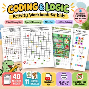 Peut inclure: Un cahier d'exercices numérique intitulé Coding & Logic Activity Workbook for Kids, présentant des pages avec des grilles de coordonnées, des icônes de légumes, des cartes et des suites numériques. Comprend 40 pages et 11 affiches au format 21,59 x 27,94 cm.
