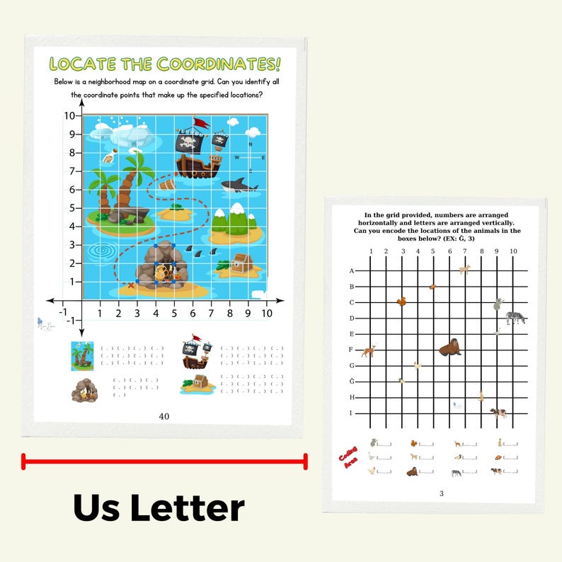 May include: Two educational activity sheets on US Letter paper. The left sheet features a pirate-themed coordinate grid titled LOCATE THE COORDINATES with islands, a ship, and a treasure chest. The right sheet shows an animal grid with coding tasks.