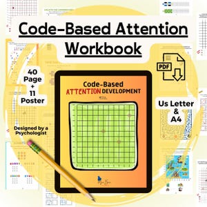 Op de afbeelding: Een werkboek getiteld "Code-Based Attention Workbook" met een groen rasterontwerp op de omslag. Het werkboek bevat 40 pagina's en 11 posters. Het ontwerp is van een psycholoog en is beschikbaar in US Letter- en A4-formaten.