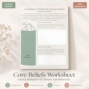 Puede incluir: Una hoja de trabajo imprimible titulada Unearthing Core Beliefs: The Iceberg Metaphor. Presenta un diagrama de un iceberg con una base verde, etiquetado como Surface Thoughts y Core Beliefs, junto a dos secciones en blanco para escribir reflexiones.