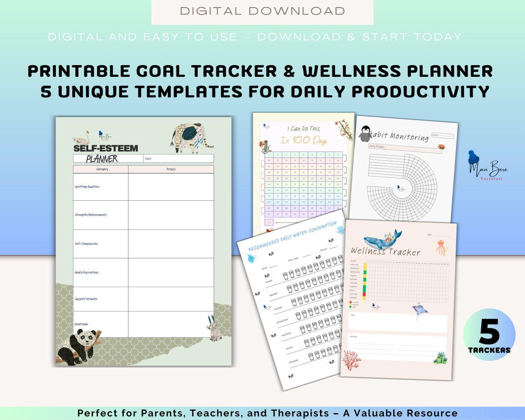Goal Setting Planner Set, Digital Printable Habits, Wellness and ...