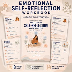 May include: An Emotional Self-Reflection Workbook with a central cover featuring a person writing in a journal, surrounded by four interior pages titled When I Feel Angry, Building Healthy Boundaries, Recognizing My Triggers, and What Matters To Me.