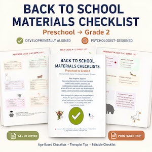 May include: A back to school materials checklist booklet for preschool through grade 2. The cover features the title, text about the guide, and a green checkmark icon. Two open pages show supply lists for preschool and kindergarten with icons.