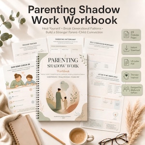 May include: A spiral-bound Parenting Shadow Work Workbook with a cover illustration of an adult and child. The set includes printable pages like a Trigger Tracker, Parenting Pattern Map, Self-Compassion Worksheet, and Our Kind Check-In.