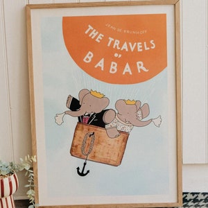 Impresión inspirada en el elefante Babar: viajes de Babar, 50 cm x 70 cm, dibujo animado francés para pared de guardería