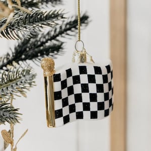 F1 Checkered Flag  Formula 1 Glitter Glass Christmas Tree Bauble Ornament