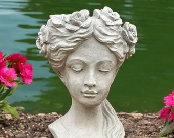 Outdoor woman planter, Detailed plant pot decor, Concrete woman with flowers, Cement pot for plants statue, Lawn bust ornament