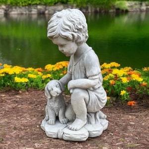 Stone boy decoration Boy with puppy Dog owner gift Concrete boy statue Little puppy figure Best friends sculpture